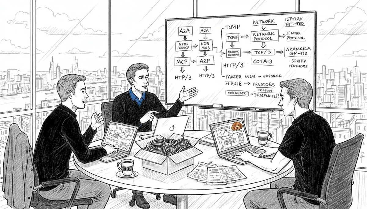 Team discusses AI networking protocols at desk