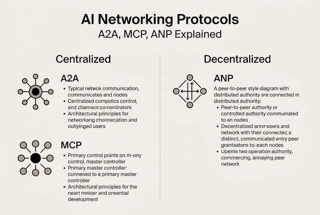 Infographic comparing A2A, MCP, ANP protocols