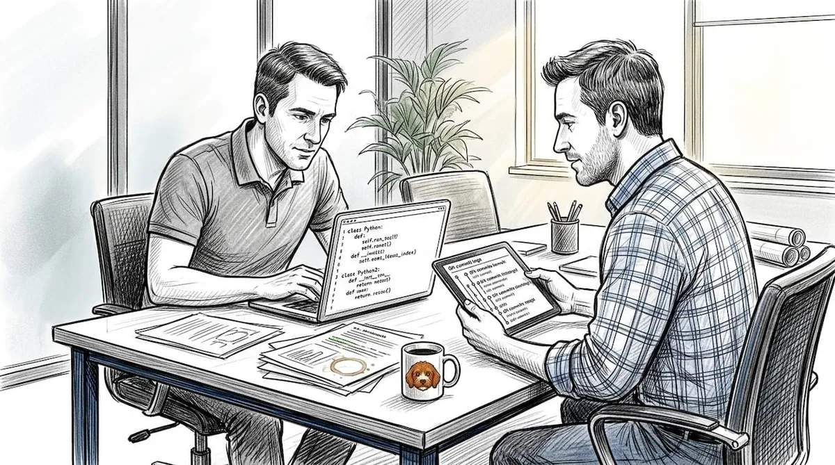 Engineers reviewing modular network scripts together